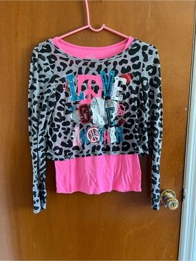 Justice Gray Leopard Layered Long-Sleeve Top with Pink Underlayer